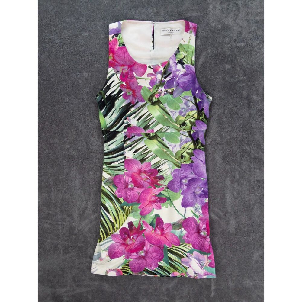 Trina Turk Floral Orchid Sheath Dress Women’s Size 8 Tropical Print Cutout Back
